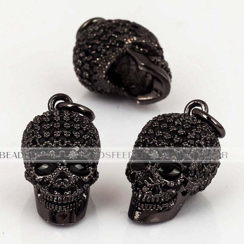 3D black eye skull charm/pendant,CZ Micro Pave charm , black Cubic Zirconia charms in gold/rose gold/silver colour,21mm 1pc