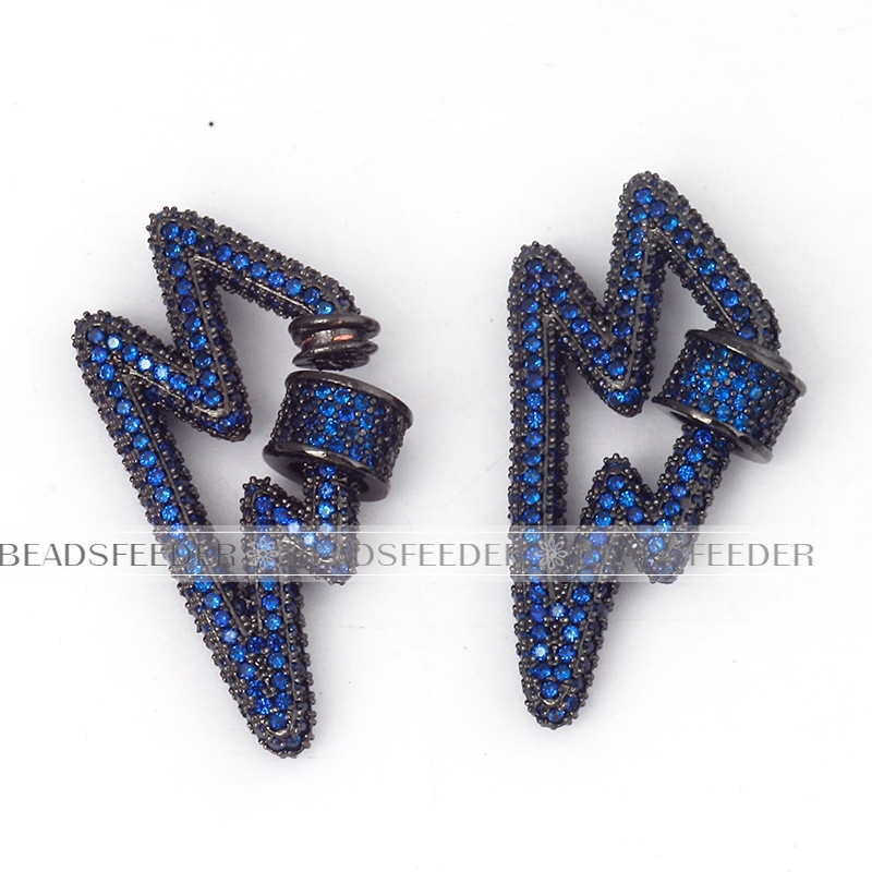 Screw on flashing bolt Shape Clasp for metal chain and cord, Blue CZ ,Pave Lock,34x17mm,1pc