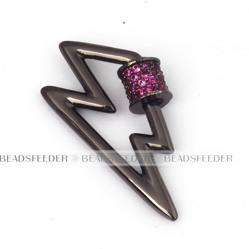 Screw on flashing bolt Shape Clasp for metal chain and cord, fuchsia CZ Pave Lock,28x14mm,1pc