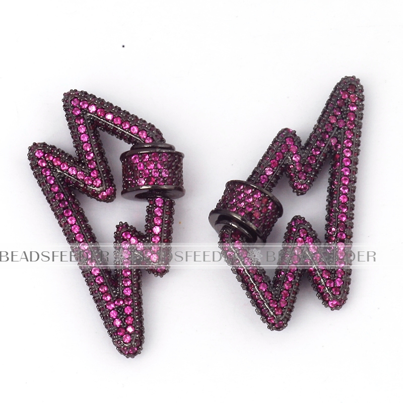 Screw on flashing bolt Shape Clasp for metal chain and cord, Fuchsia CZ ,Pave Lock,34x17mm,1pc