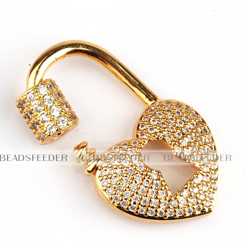 Screw on heart lock Shape Clasp for metal chain and cord, Gold/Rose gold/Silver/Black,Pave heart Lock,28x16mm,1pc