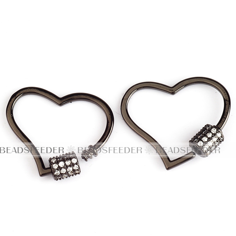 Screw on heart Shape Clasp for metal chain and cord, Gold/Rose gold/Silver/Black,Pave heart shape Lock,26x22mm,1pc