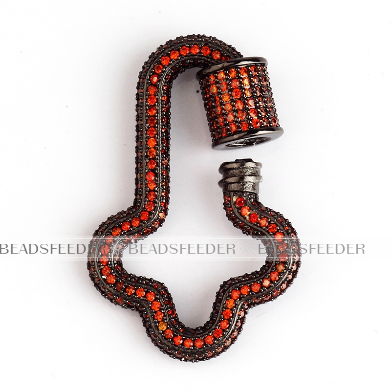 Orange Red CZ Screw on lighting bolt Shape Clasp for metal chain and cord, Gold/Rose gold/Silver/Black,Pave Lock,36x23mm,1pc