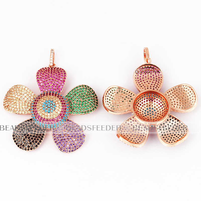Rainbow colorful CZ plum flower pendant/focal , Micro Pave black Cubic Zirconia charms in silver/gold/rosegold colour,58mm 1pc