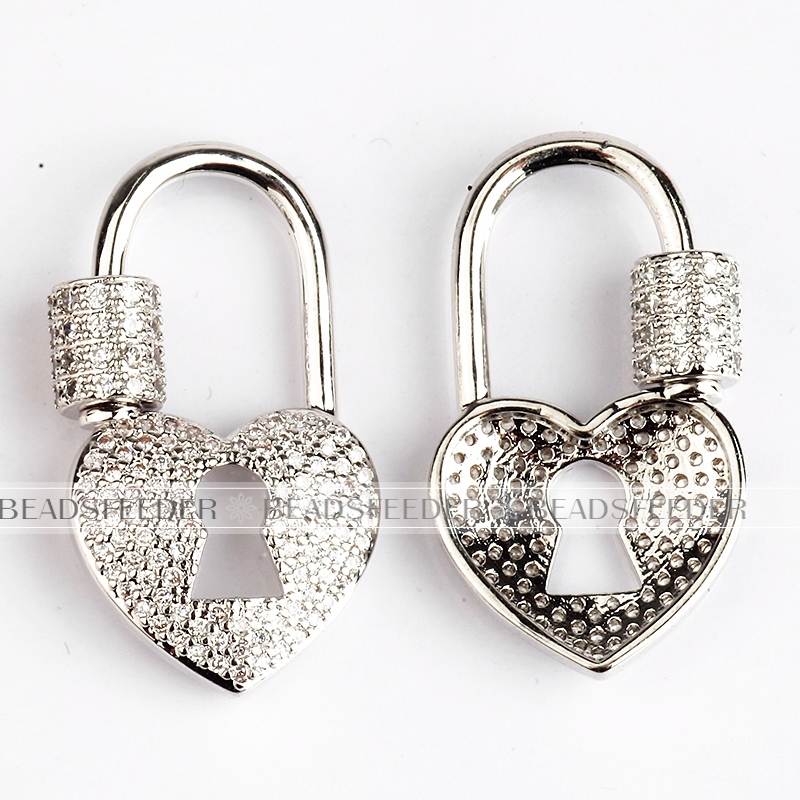 Screw on heart lock Shape Clasp for metal chain and cord, Gold/Rose gold/Silver/Black,Pave heart Lock,28x16mm,1pc