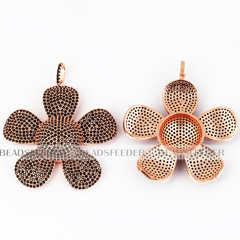 Black CZ plum flower pendant/focal , Micro Pave black Cubic Zirconia charms in silver/gold/rosegold colour,58mm 1pc