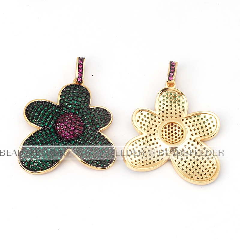 Green/Fuchsia colour Cubic Zirconia flower pendant  in gold/rose gold/silver colour ,40mm 1pc