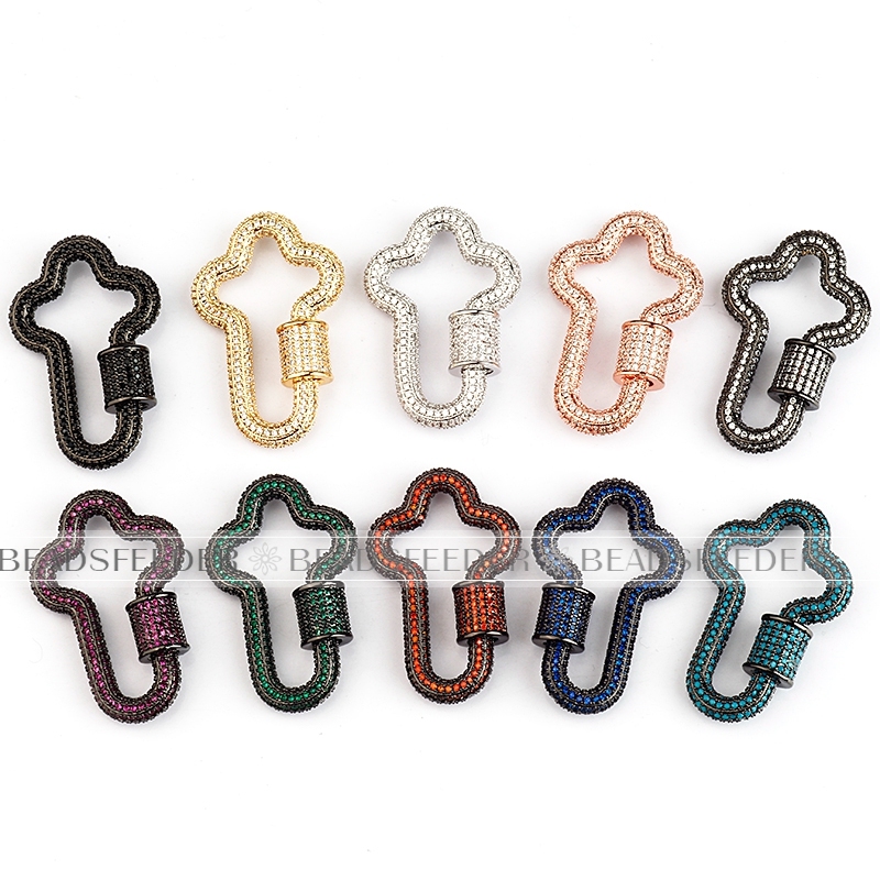 Fuchsia CZ Screw on lighting bolt Shape Clasp for metal chain and cord, Gold/Rose gold/Silver/Black,Pave Lock,36x23mm,1pc