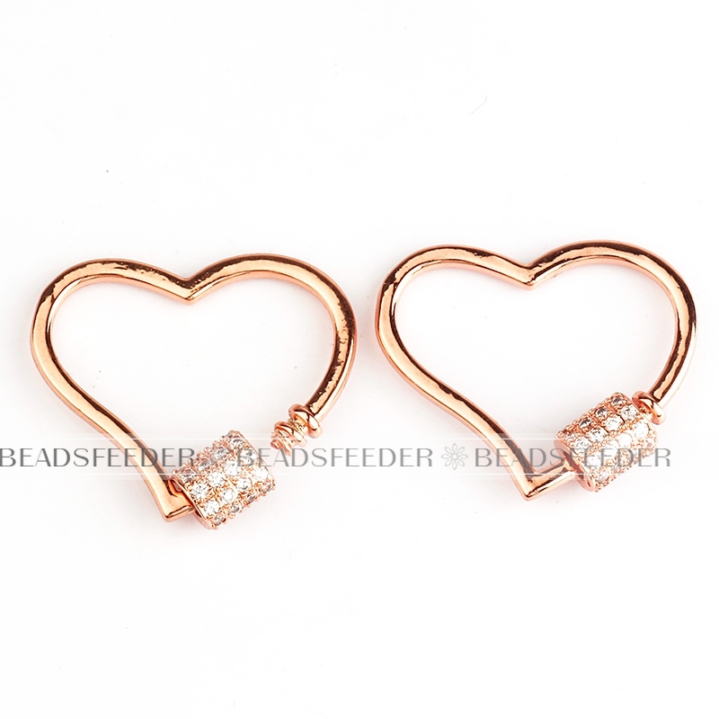 Screw on heart Shape Clasp for metal chain and cord, Gold/Rose gold/Silver/Black,Pave heart shape Lock,26x22mm,1pc