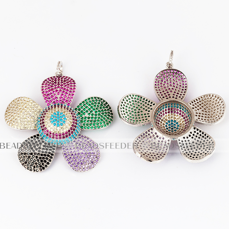 Rainbow colorful CZ plum flower pendant/focal , Micro Pave black Cubic Zirconia charms in silver/gold/rosegold colour,58mm 1pc