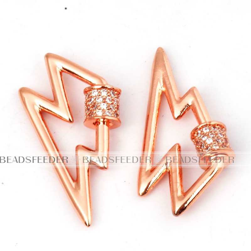 Screw on flashing bolt Shape Clasp for metal chain and cord, Clear CZ Pave Lock,28x14mm,1pc