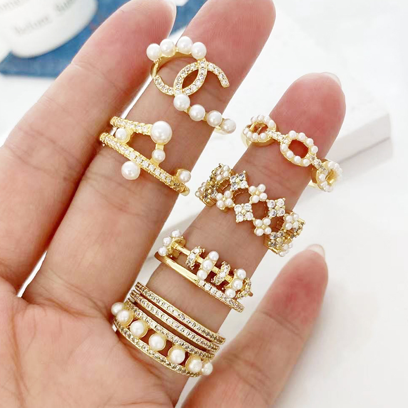 Simple Design Finger Ring with Immitation Pearl and  Zirconia Micro Paved,  Open Resizable Finger , Brass Based Metal with 18K Real Gold Plated