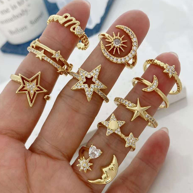 Simple Elegant Star Shape Zirconia Micro Paved Open Resizable Finger , Brass Based Metal with 18K Real Gold Plated