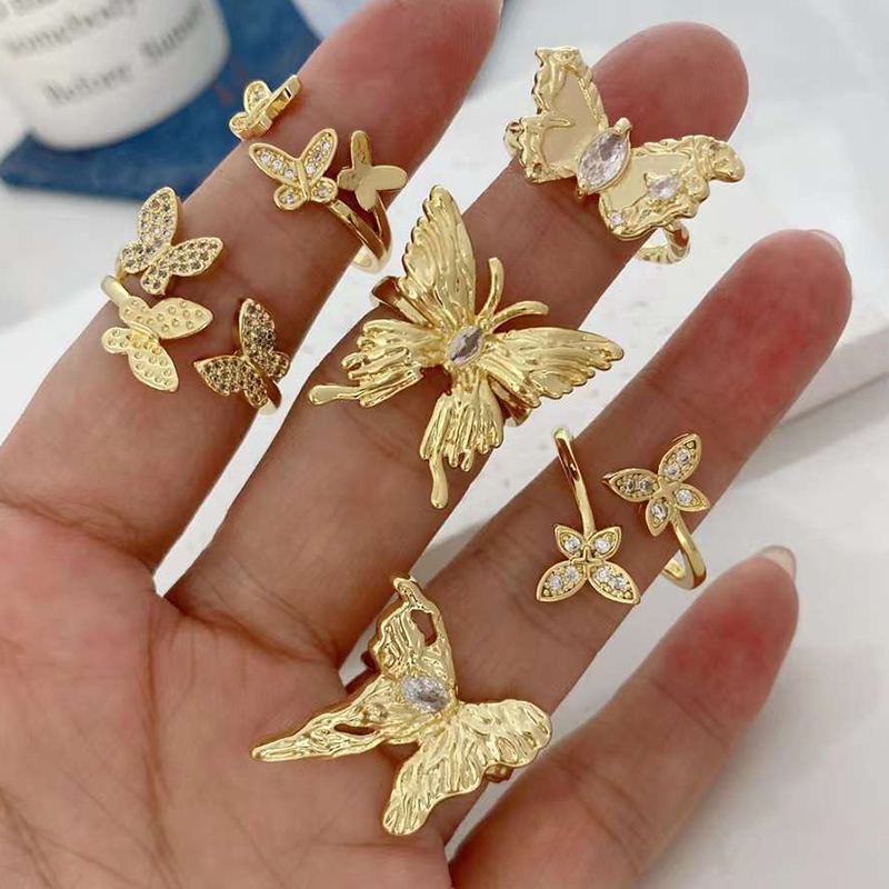 New Butterfly Shape Clear Rainbow Zirconia Micro Paved Open Resizable Finger , Brass Based Metal with 18K Real Gold Plated