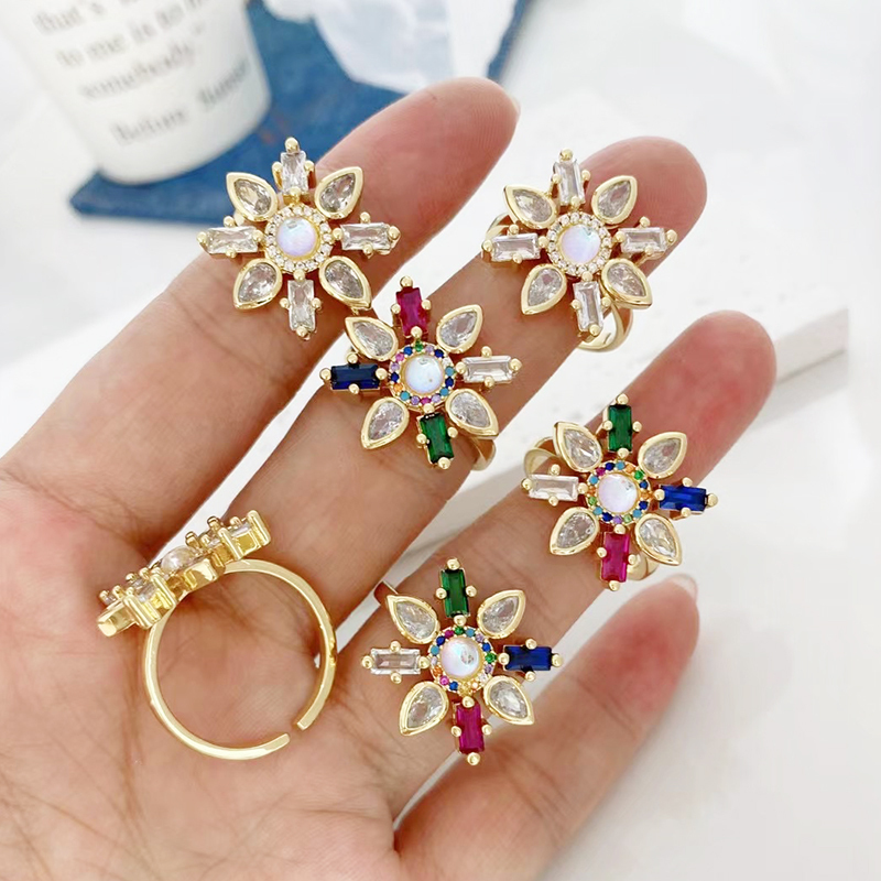 Flower Finger Ring with Immitation Pearl and Clear Zirconia Micro Paved,  Open Resizable Finger , Brass Based Metal with 18K Real Gold Plated