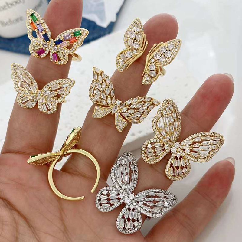 New Butterfly Shape Clear Rainbow Zirconia Micro Paved Open Resizable Finger , Brass Based Metal with 18K Real Gold Plated