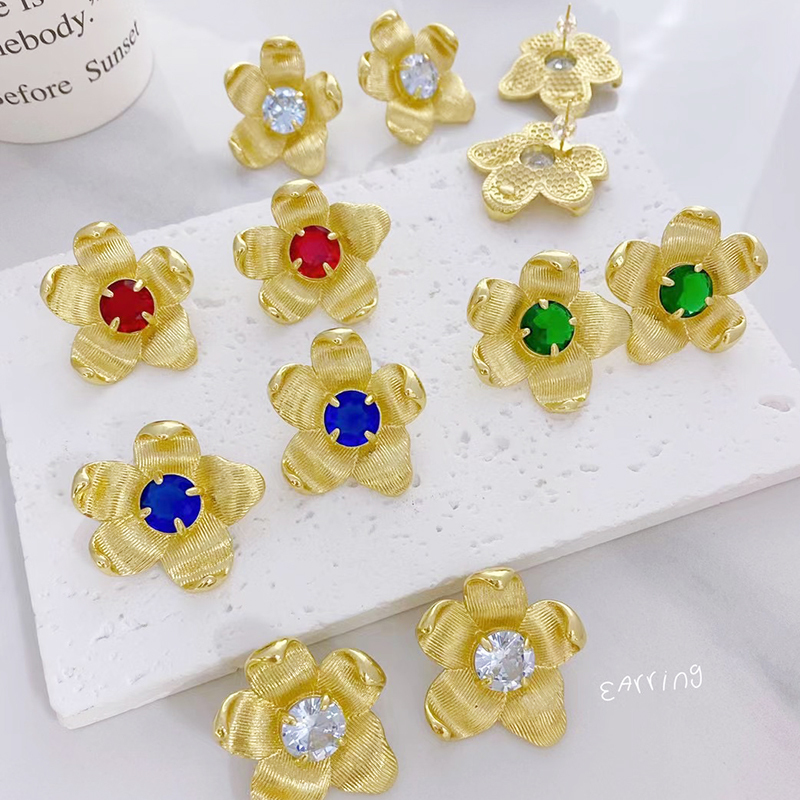 Jumbo Flower Stud Earring with  Zirconia Micro Paved,  Brass/Copper Based with 18K Real Gold Plated