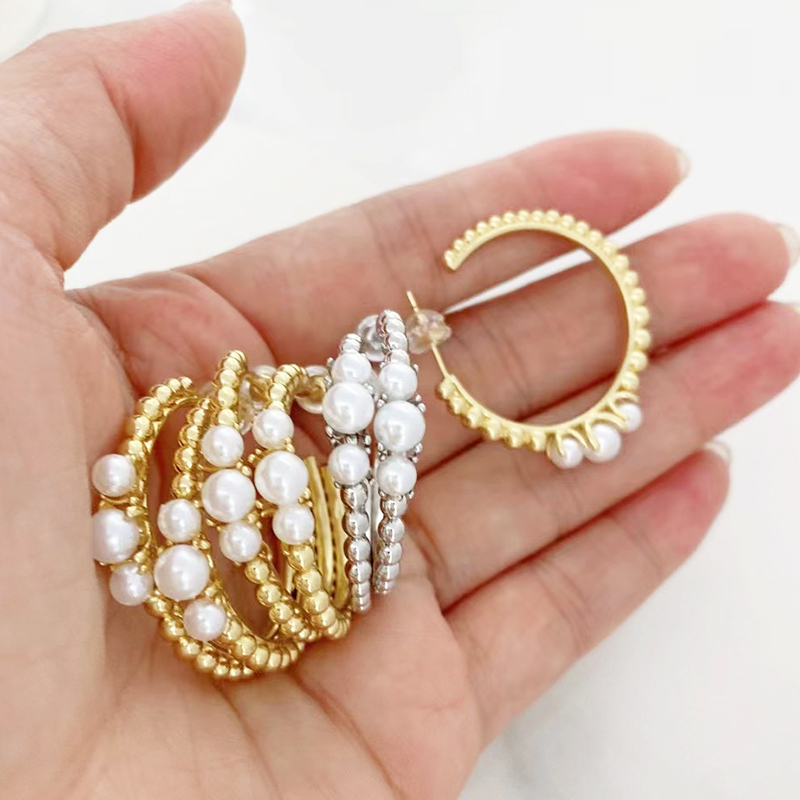 Jumbo Texture Ring With Immitation Arylic Pearl  Stud Earring ,  Brass/Copper Based with 18K Real Gold Plated