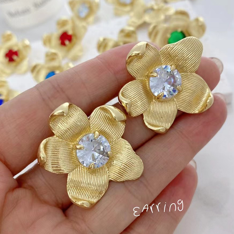 Jumbo Flower Stud Earring with  Zirconia Micro Paved,  Brass/Copper Based with 18K Real Gold Plated