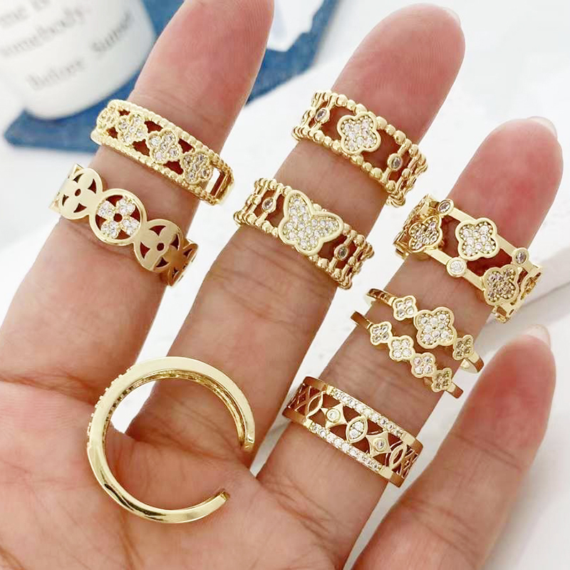 New Clover Butterfly Shape Clear Rainbow Zirconia Micro Paved Open Resizable Finger , Brass Based Metal with 18K Real Gold Plated