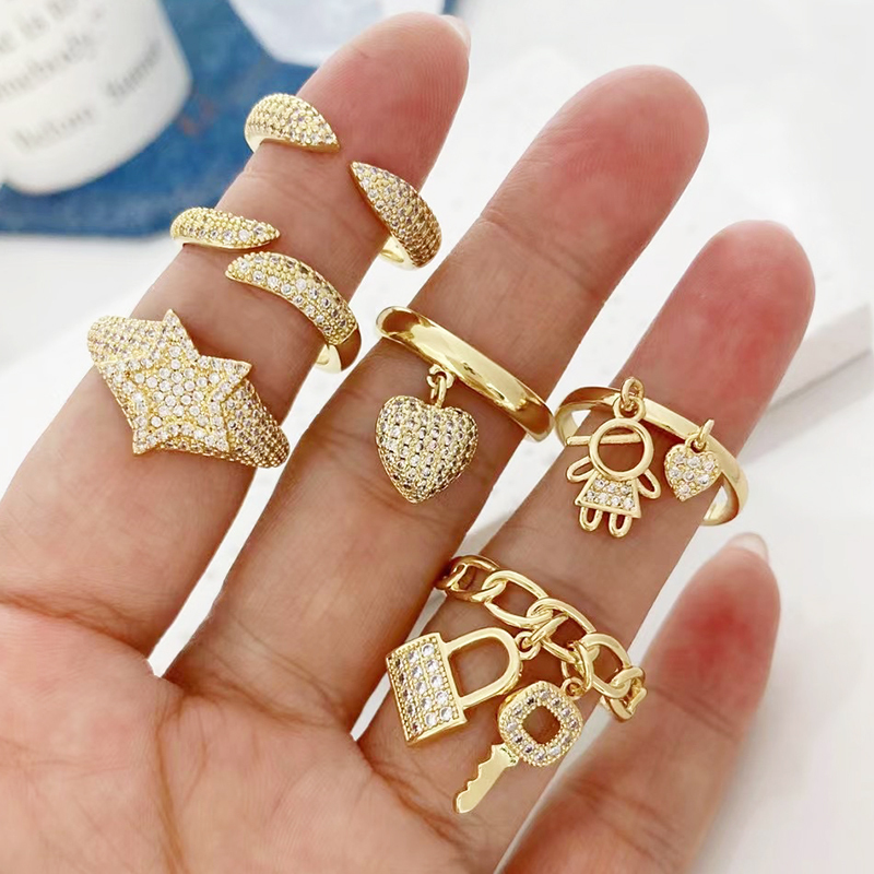 Star Heart Boy and Girl Key Lock Clear Rainbow Zirconia Micro Paved Open Resizable Finger , Brass Based Metal with 18K Real Gold Plated