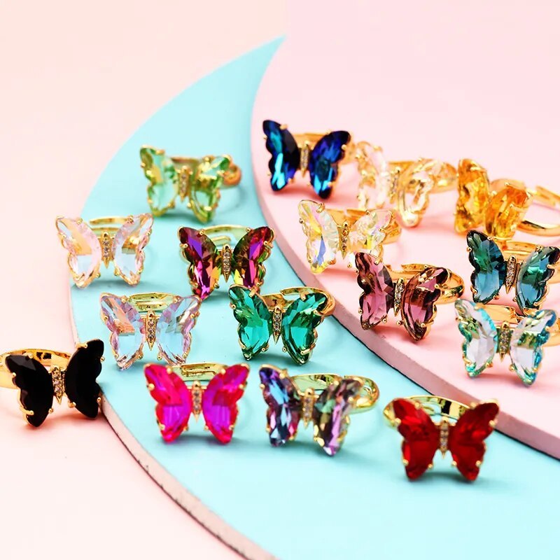 Butterfly Finger Ring Mariposa Fashion Romantic Sweet Colorful Transparent Crystal Women's Adjustable Ring Girl Party Jewelry