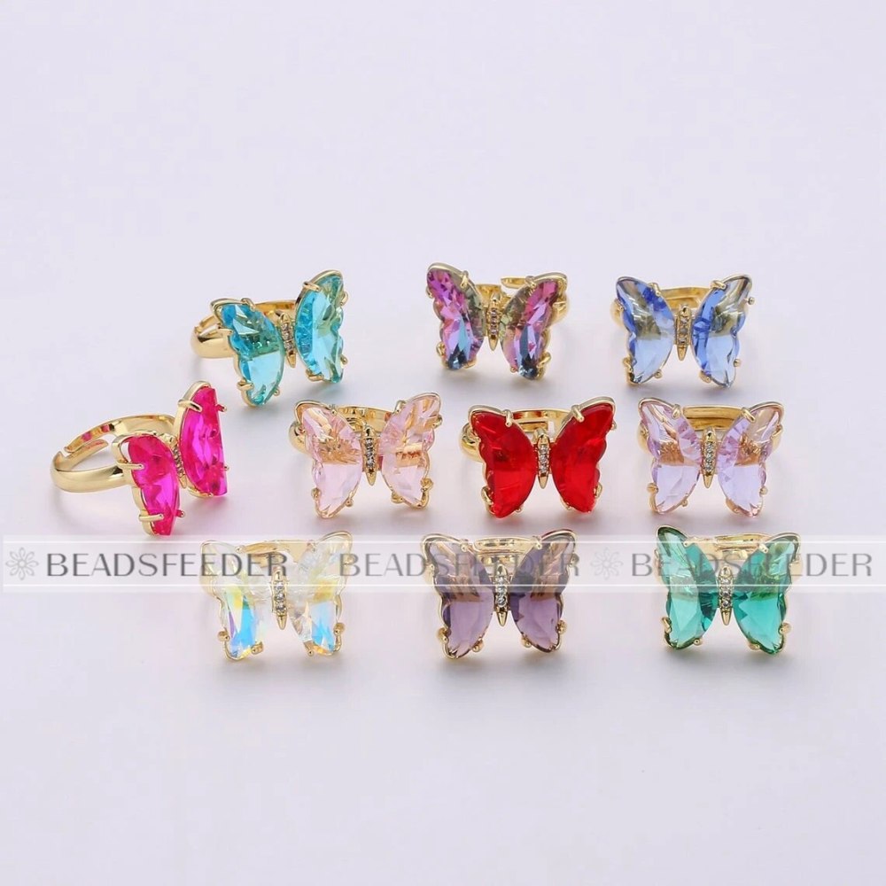 Butterfly Finger Ring Mariposa Fashion Romantic Sweet Colorful Transparent Crystal Women's Adjustable Ring Girl Party Jewelry