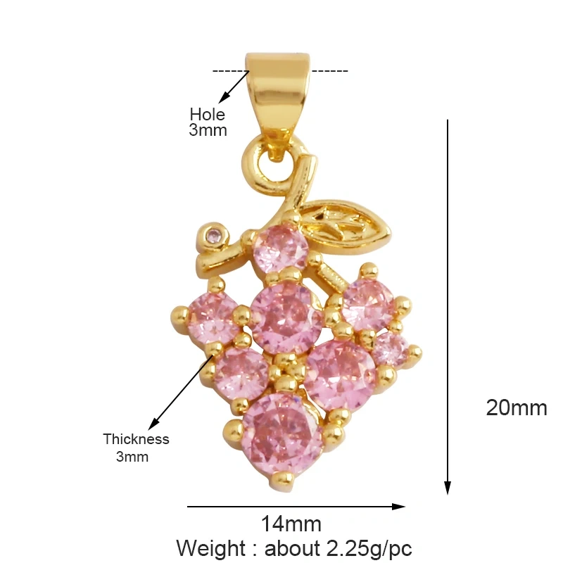 Colourful Zircon Apple Cherry Strawberry Grape Fruit Charm Pendant,Sweet 18K Gold Plated Brass Necklace for Jewelry Findings