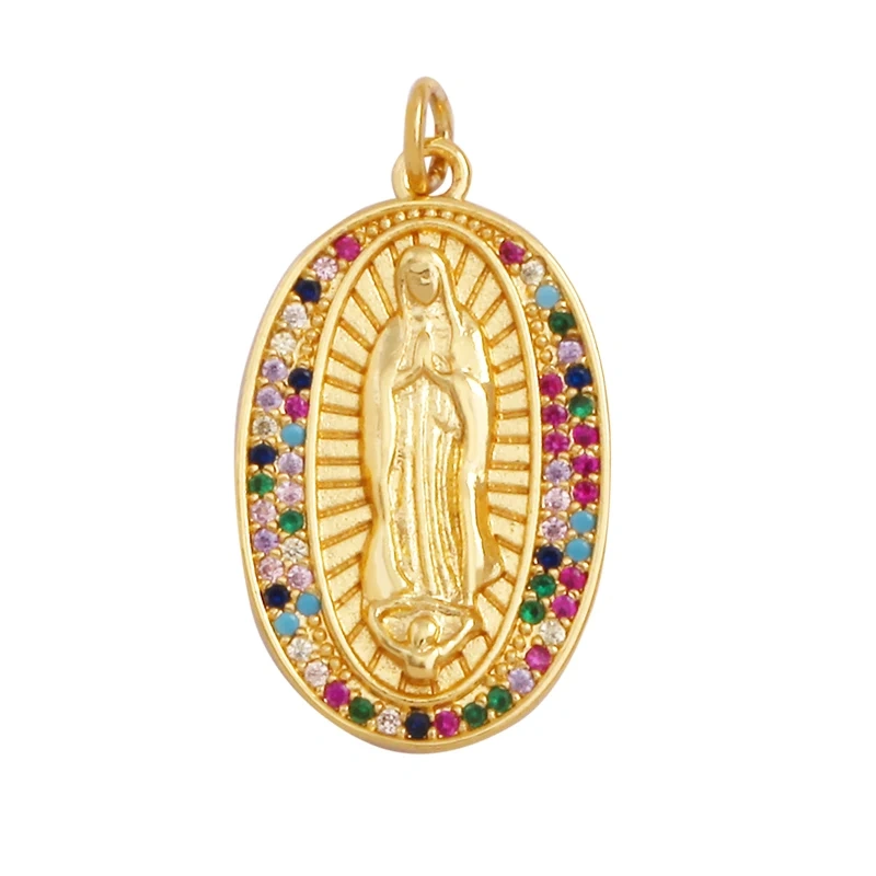 Religious Style Holy Virgin Mary Jesus Geometry Charm Pendant,18K Gold Inlaid Cubic Zirconia Jewelry Necklace Accessories Supply