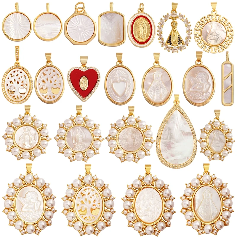 Shell Pearl 18K Gold Plated Life Tree Angel Charm Pendant,Holy Religious Jesus Virgin Mary Jewelry Necklace Accessories Supplies