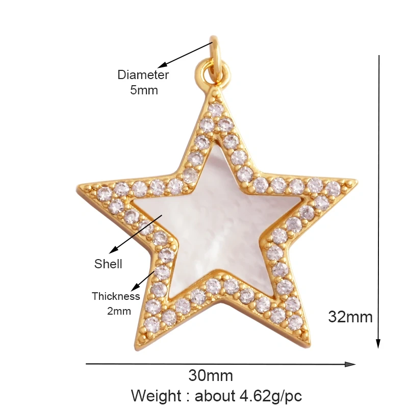 Shining Sun Star Moon Shell Charm Pendant,18K Plated Gold Inlaid Cubic Zirconia Jewelry Findings Necklace Bracelet Supplies