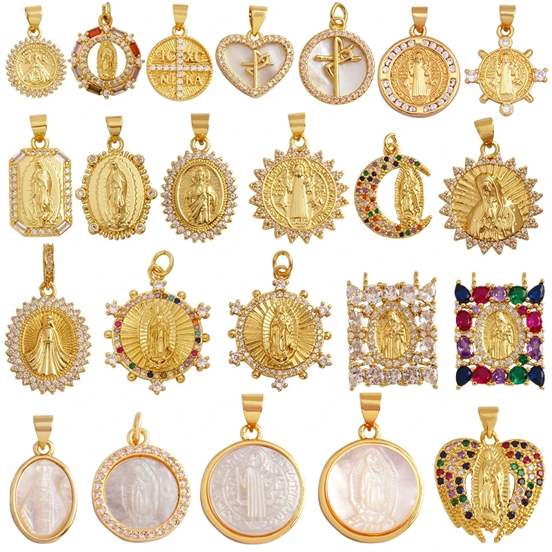 Holy Religious Style Virgin Mary Jesus Geometry Charm Pendant,18K Gold Inlaid Cubic Zirconia Jewelry Necklace Accessories Supply