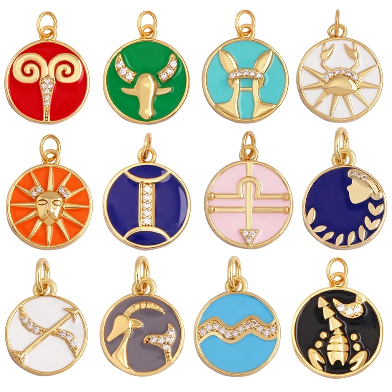 Trendy Zodiac Horoscope Sign Medallion Charm Pendant,18K Gold Plated Colorful Enamel Necklace Bracelet Jewelry Making Supplies