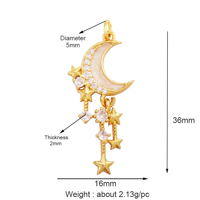 Shining Sun Star Moon Shell Charm Pendant,18K Plated Gold Inlaid Cubic Zirconia Jewelry Findings Necklace Bracelet Supplies