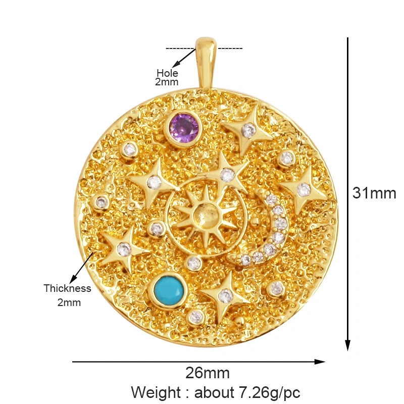 Shining Sun Star Moon Shell Charm Pendant,18K Plated Gold Inlaid Cubic Zirconia Jewelry Findings Necklace Bracelet Supplies