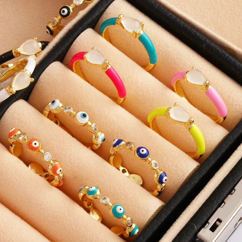 Fashion Colorful Eye Water Drop Shape Finger Ring,18K Gold Plated Zircon Open Adjustable Rings Charm Jewelry Findings Supplies