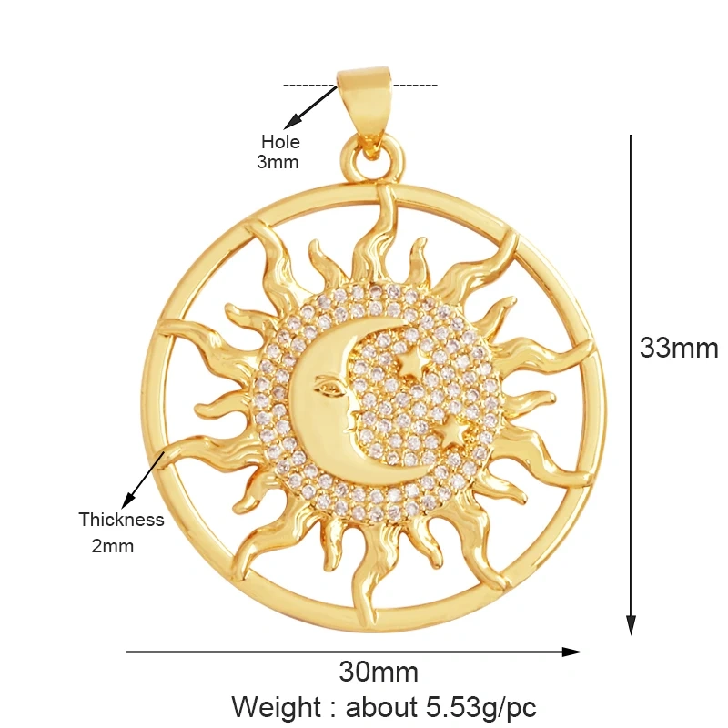 Shining Sun Star Moon Shell Charm Pendant,18K Plated Gold Inlaid Cubic Zirconia Jewelry Findings Necklace Bracelet Supplies