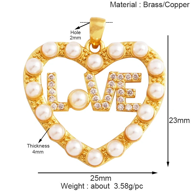 Trendy Rainbow Zircon Pearl Shell Love Heart Charm Pendant,Creative Angel 18K Gold Plated Jewelry Findings Accessories Supplies K42