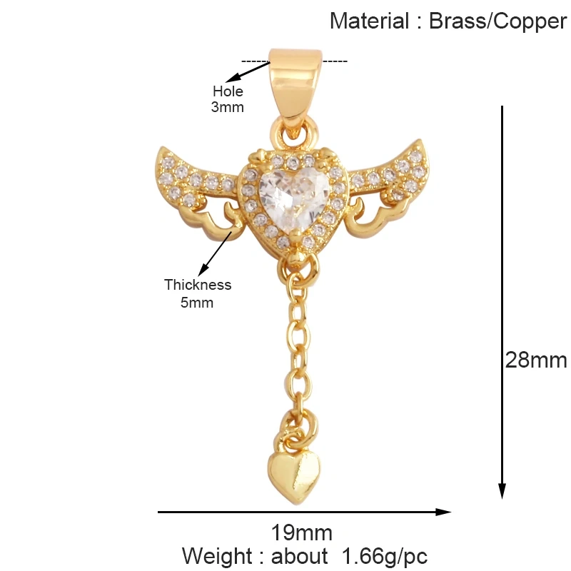 Trendy Rainbow Zircon Pearl Shell Love Heart Charm Pendant,Creative Angel 18K Gold Plated Jewelry Findings Accessories Supplies K42
