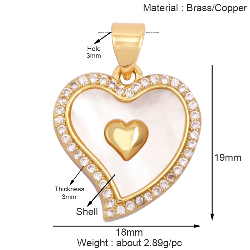 Trendy Rainbow Zircon Pearl Shell Love Heart Charm Pendant,Creative Angel 18K Gold Plated Jewelry Findings Accessories Supplies