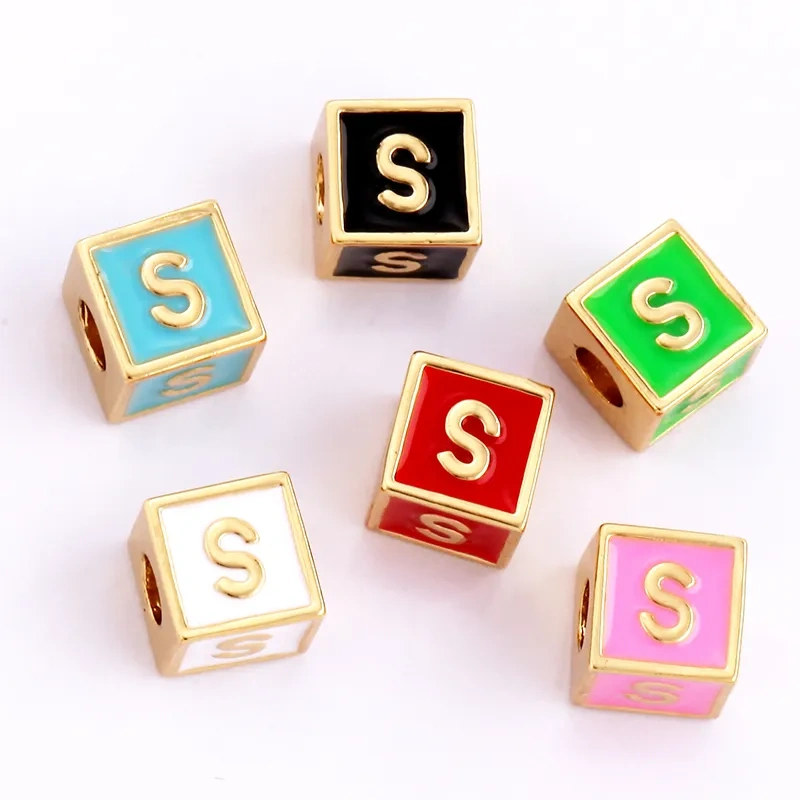 Square Cube Fashion Colorful Enamel Oil Dropped Initial Letter Name A-Z  Beads,18K Real Gold Plated,Jewelry Necklace Findings