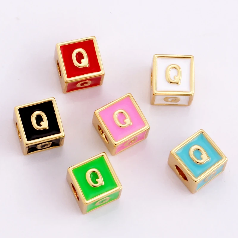Square Cube Fashion Colorful Enamel Oil Dropped Initial Letter Name A-Z  Beads,18K Real Gold Plated,Jewelry Necklace Findings