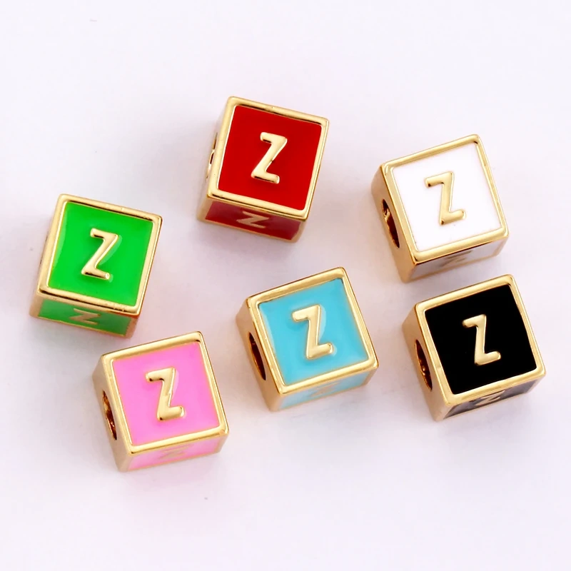 Square Cube Fashion Colorful Enamel Oil Dropped Initial Letter Name A-Z  Beads,18K Real Gold Plated,Jewelry Necklace Findings