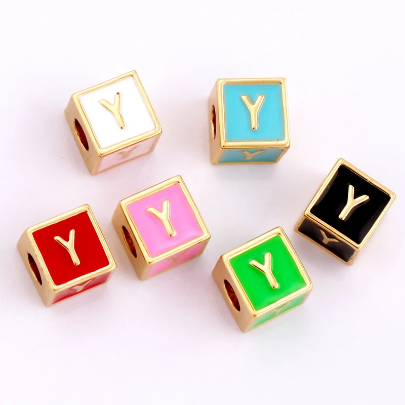 Square Cube Fashion Colorful Enamel Oil Dropped Initial Letter Name A-Z  Beads,18K Real Gold Plated,Jewelry Necklace Findings