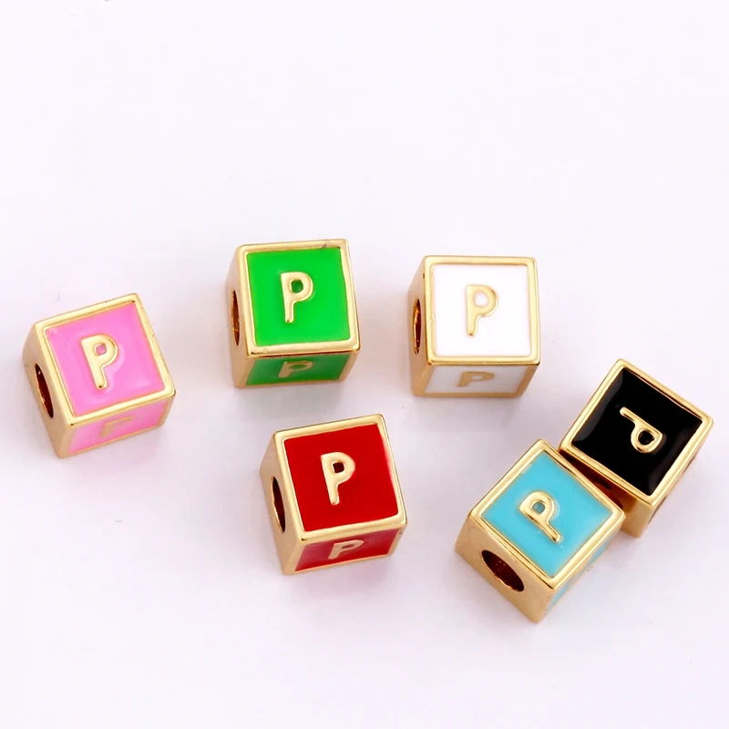 Square Cube Fashion Colorful Enamel Oil Dropped Initial Letter Name A-Z  Beads,18K Real Gold Plated,Jewelry Necklace Findings