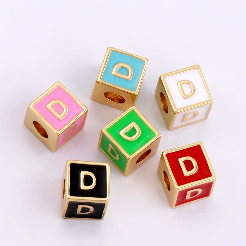 Square Cube Fashion Colorful Enamel Oil Dropped Initial Letter Name A-Z  Beads,18K Real Gold Plated,Jewelry Necklace Findings