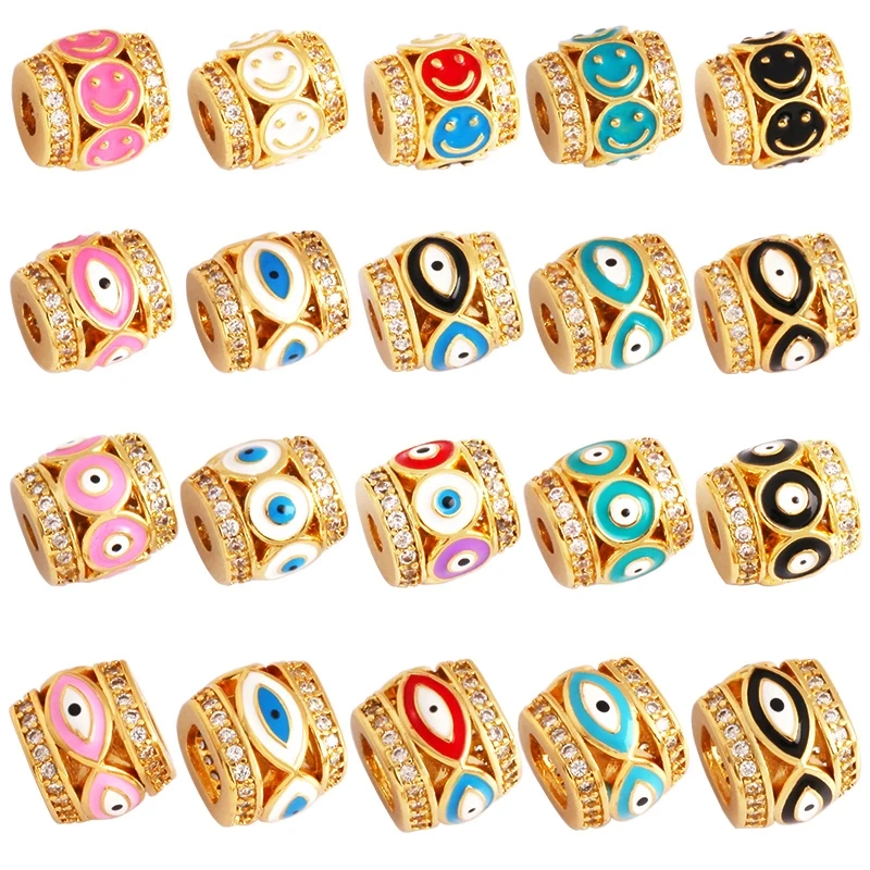 Enamel Turkish Evil Eye Happy Face Space Bead,Round DIY Gold Brass Colourful Bracelet Necklace Components Accessories Supplies