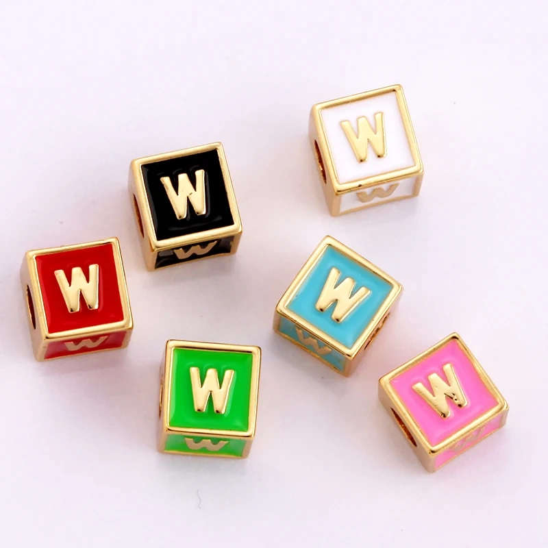 Square Cube Fashion Colorful Enamel Oil Dropped Initial Letter Name A-Z  Beads,18K Real Gold Plated,Jewelry Necklace Findings