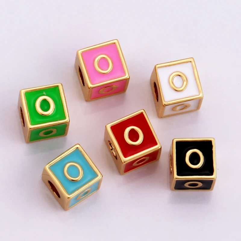 Square Cube Fashion Colorful Enamel Oil Dropped Initial Letter Name A-Z  Beads,18K Real Gold Plated,Jewelry Necklace Findings