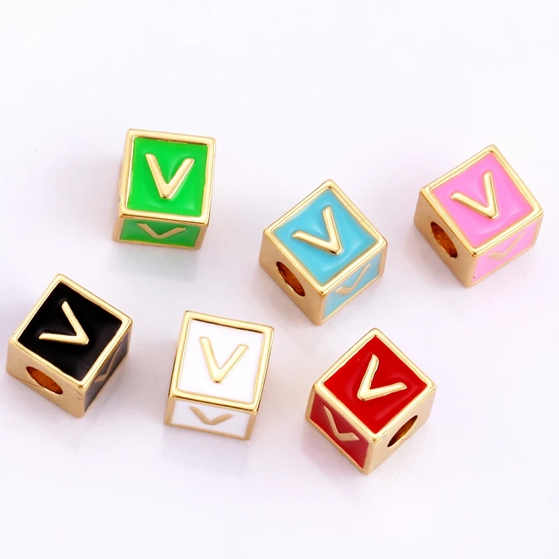 Square Cube Fashion Colorful Enamel Oil Dropped Initial Letter Name A-Z  Beads,18K Real Gold Plated,Jewelry Necklace Findings